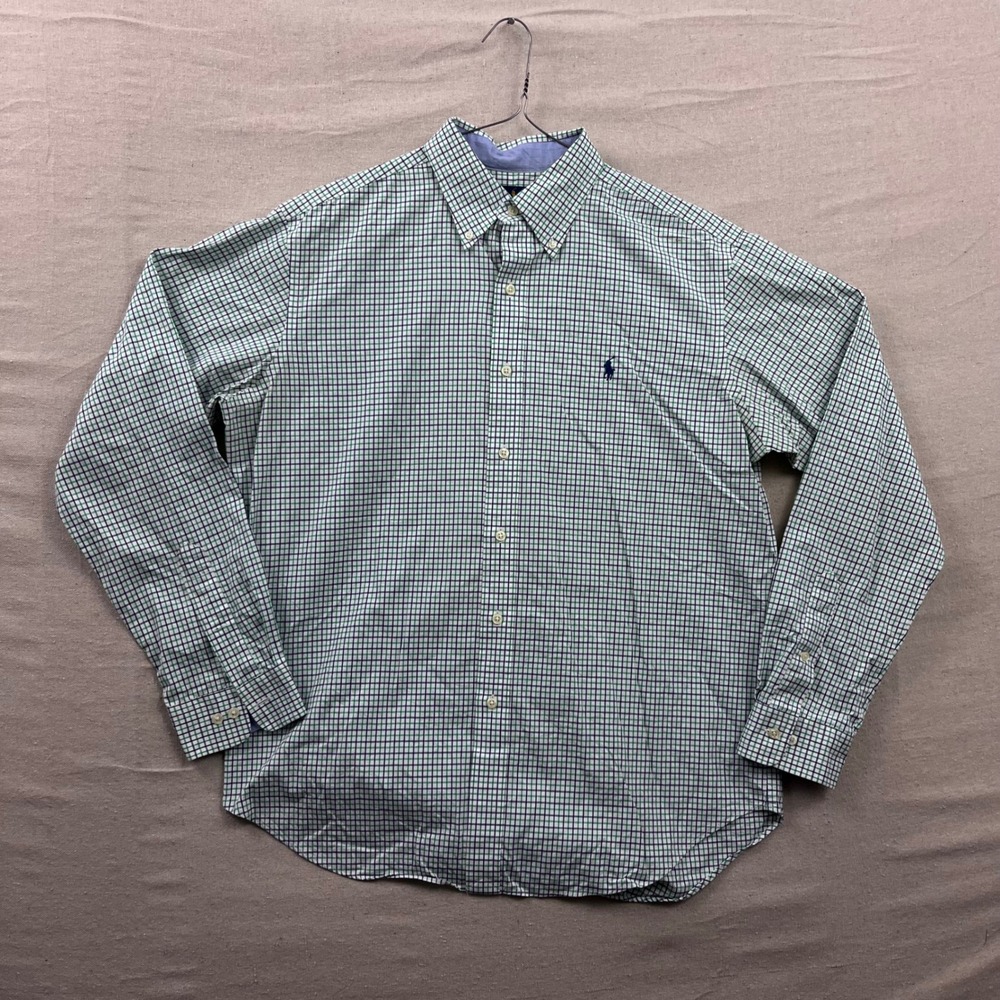 Ralph Lauren Button Down Shirt Mens L Green Navy Tattersall Non Iron Classic Fit